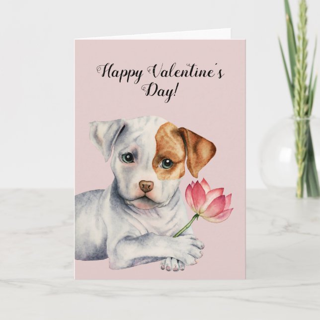 Pit Bull Dog Holding Pink Flower | Valentine's Holiday Card (Front)