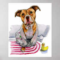 Pit Bull Dog in Bathrobe Watercolor Painting