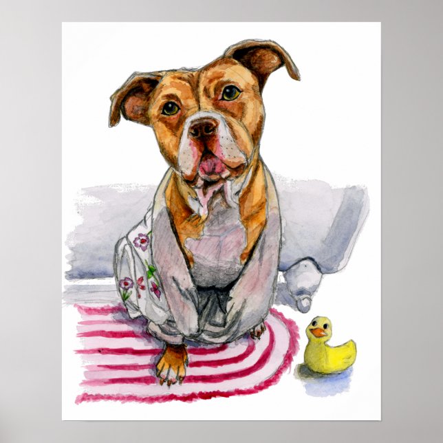 Pit Bull Dog in Bathrobe Watercolor Painting Poster (Front)