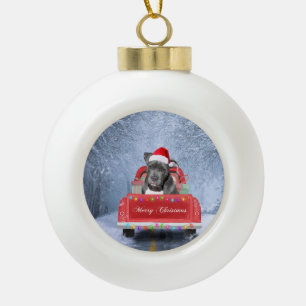 Pit Bull Dog in Snow sitting in Christmas Truck  Ceramic Ball Christmas Ornament