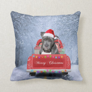 Pit Bull Dog in Snow sitting in Christmas Truck  Cushion