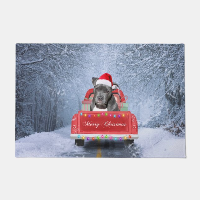 Pit Bull Dog in Snow sitting in Christmas Truck  Doormat (Front)