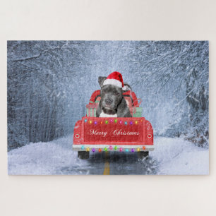 Pit Bull Dog in Snow sitting in Christmas Truck Jigsaw Puzzle