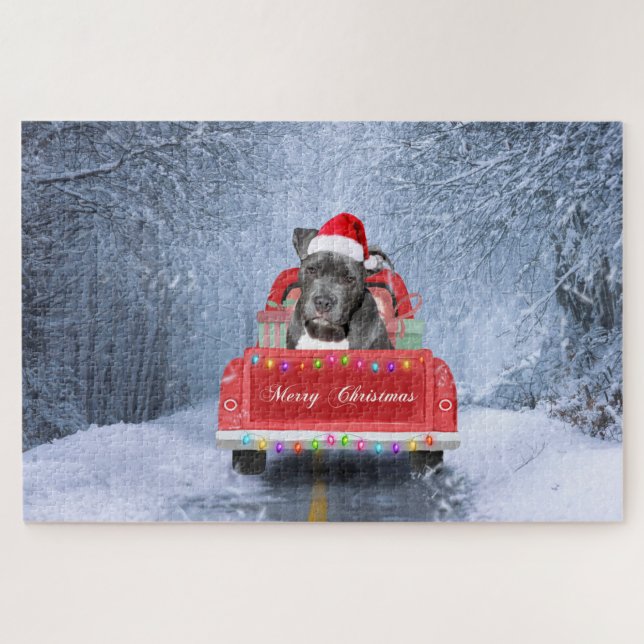 Pit Bull Dog in Snow sitting in Christmas Truck  Jigsaw Puzzle (Horizontal)