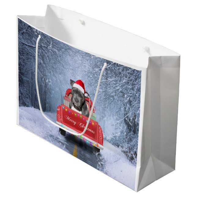 Pit Bull Dog in Snow sitting in Christmas Truck Large Gift Bag (Front Angled)
