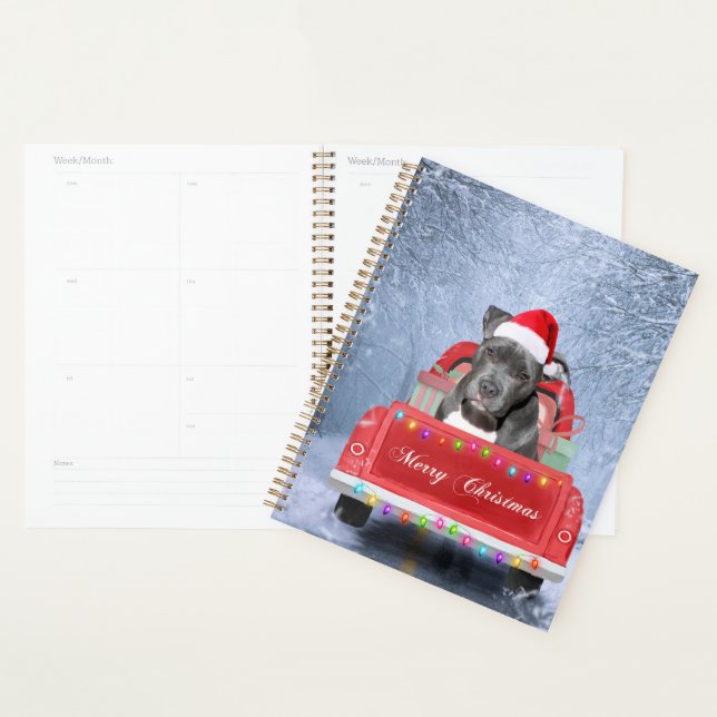Pit Bull Dog in Snow sitting in Christmas Truck Planner (Display)
