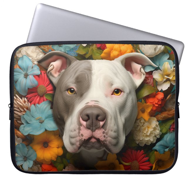 Pit Bull Dog Laptop Bag with Colourful Flowers (Front)