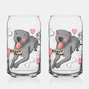 Pit Bull Dog Lover with Hearts & Dog Bones Can Glass