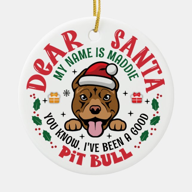 Pit Bull Dog Santa Personalised Christmas Tree Ceramic Tree Decoration (Front)