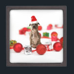 Pit Bull Dog with Gift box and Christmas Ornaments<br><div class="desc">A cute Pit Bull dog wearing Santa hat and sitting between gift boxes and Christmas Ornaments.</div>