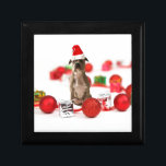 Pit Bull Dog with Gift box and Christmas Ornaments<br><div class="desc">A cute Pit Bull dog wearing Santa hat and sitting between gift boxes and Christmas Ornaments.</div>