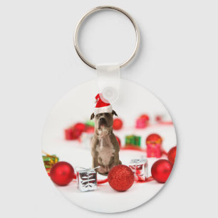 Pit Bull Dog with Gift box and Christmas Ornaments Key Ring