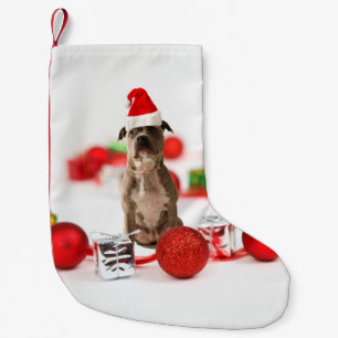 Pit Bull Dog with Gift box and Christmas Ornaments Small Christmas Stocking