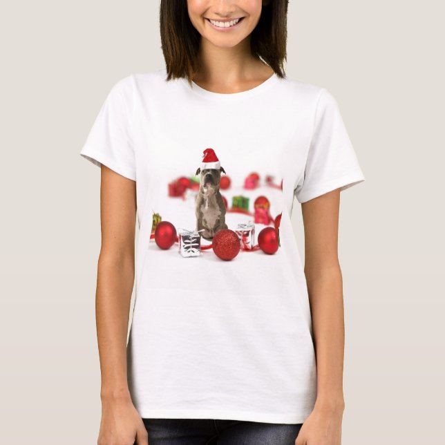 Pit Bull Dog with Gift box and Christmas Ornaments T-Shirt (Front)