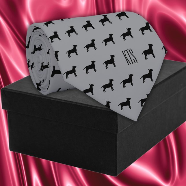Pit Bull Dogs Pattern Monogrammed Veterinarian Tie (Pit Bull Dogs Pattern Veterinarian Neck Tie in charcoal gray)