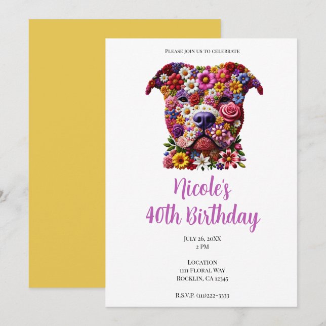 Pit Bull Flower Face Dog Lover Birthday Party Invitation (Front/Back)