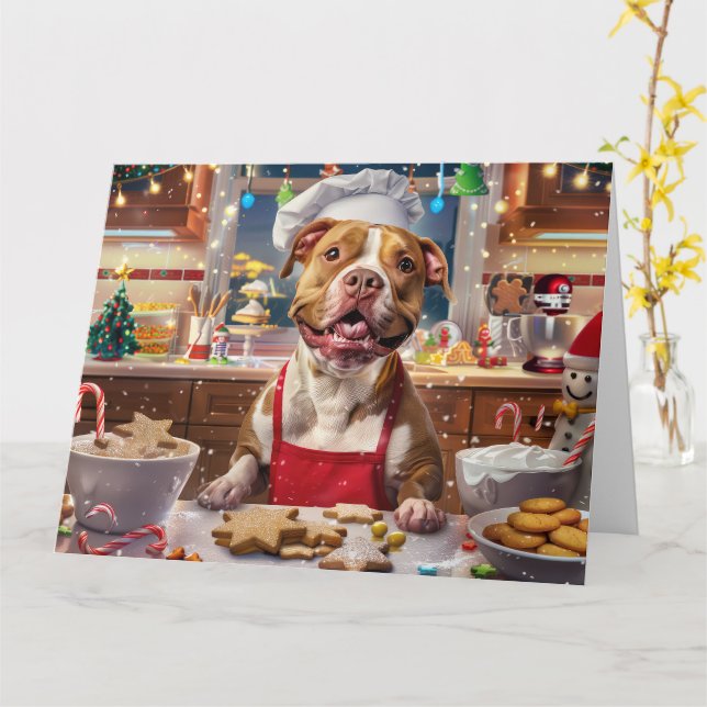 Pit Bull Holiday Baking: Festive Christmas  Card (Yellow Flower)