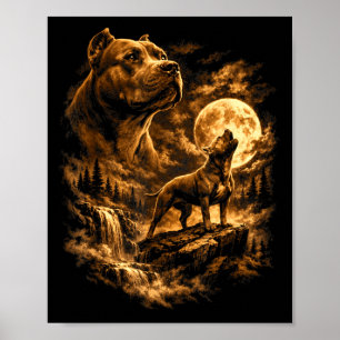 Pit Bull Howling Moon Pittie Dog Fantasy Forrest Poster