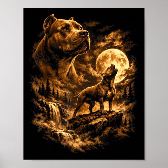 Pit Bull Howling Moon Pittie Dog Fantasy Forrest Poster (Front)