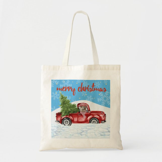Pit Bull in Retro Red Truck Christmas Tote Bag (Front)