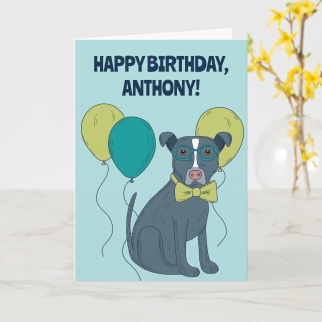 Pit Bull Puppy Dog Wearing Glasses Personalised Card (Yellow Flower)