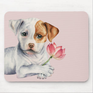 Pit Bull Puppy Holding Lotus Flower Painting Mouse Mat