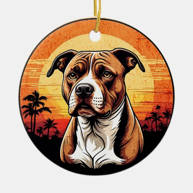 Pit Bull Retro Sunset Dog Lover Ceramic Tree Decoration (Front)