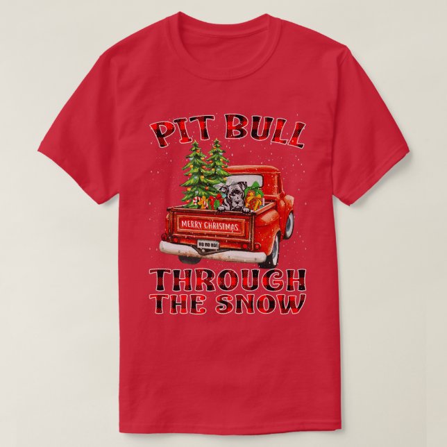 Pit Bull Through The Snow Christmas Truck Plaid Re T-Shirt (Design Front)