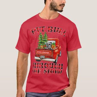 Pit Bull Through The Snow Christmas Truck Plaid Re T-Shirt