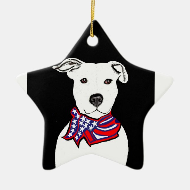 Pit bull wearing Americanflag bandanna Christmas Ceramic Tree Decoration (Front)