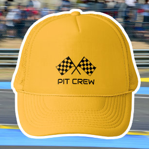 Pit Crew Custom Text Car Flags Yellow Black Trucker Hat