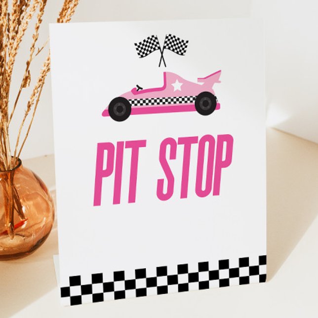 Pit Stop Pink Flame Race Car Party Table Pedestal Sign (Creator Uploaded)