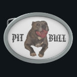 Pitbull Belt Buckle<br><div class="desc">This belt buckle shows the words "Pit Bull" and a photograph of a handsome Blue Nose Pitbull named Sarge. A perfect belt buckle for every Pitbull lover who knows the loving nature, strength, loyalty, courage and energy of this outstanding breed of dog. Sarge is seen with his long pink tongue...</div>