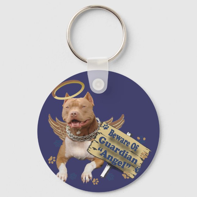Pitbull Beware Of Guardian Angel Gifts Key Ring (Front)