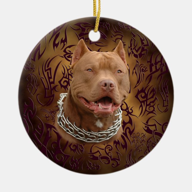 Pitbull brown tribal tattoo ceramic tree decoration (Front)