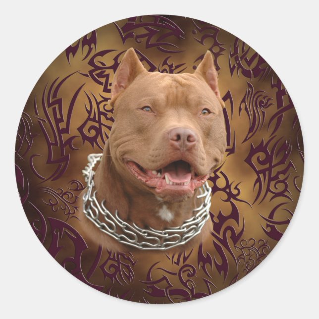 Pitbull brown tribal tattoo classic round sticker (Front)