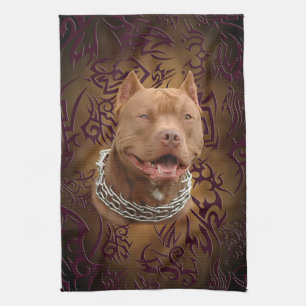 Pitbull brown tribal tattoo tea towel
