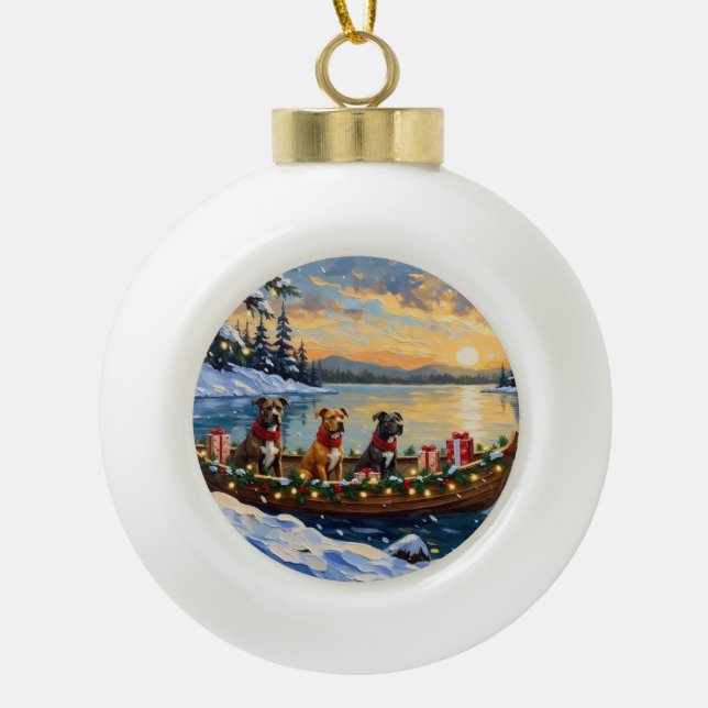 Pitbull Christmas Boat Holiday Ceramic Ball Christmas Ornament (Front)