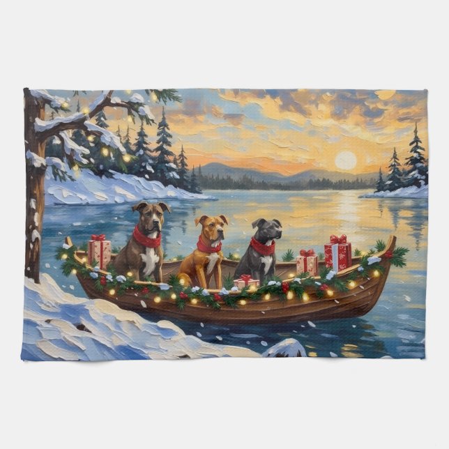 Pitbull Christmas Boat Holiday Tea Towel (Horizontal)