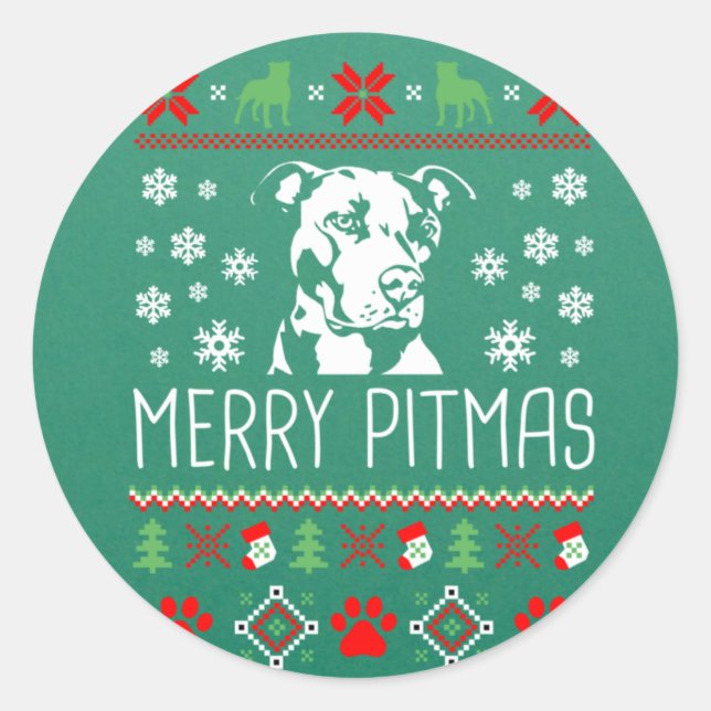 Pitbull Christmas Lovers Merry Pitmas Ugly Christm Classic Round Sticker (Front)