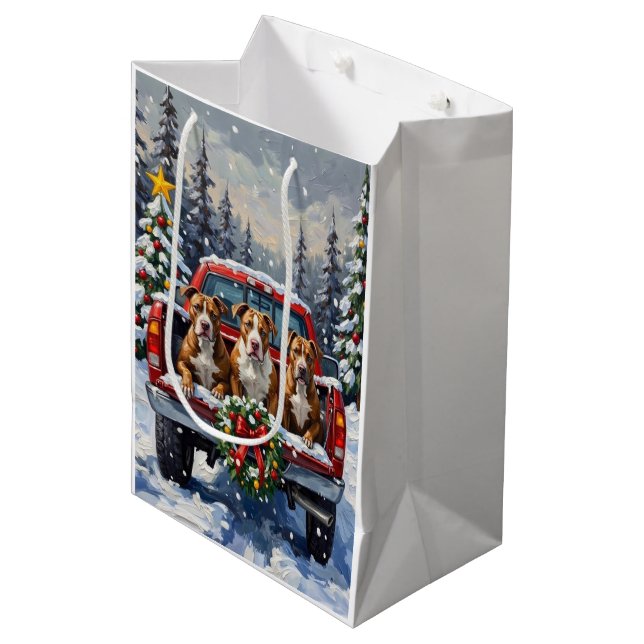 Pitbull Christmas Red Truck Holiday Medium Gift Bag (Front Angled)