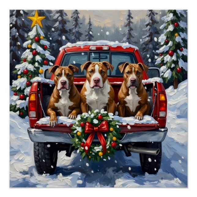 Pitbull Christmas Red Truck Holiday Poster (Front)