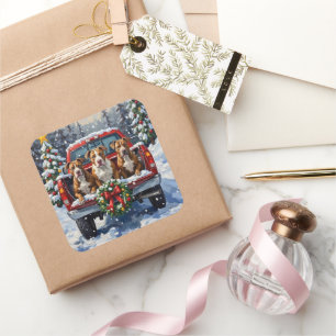 Pitbull Christmas Red Truck Holiday Square Sticker