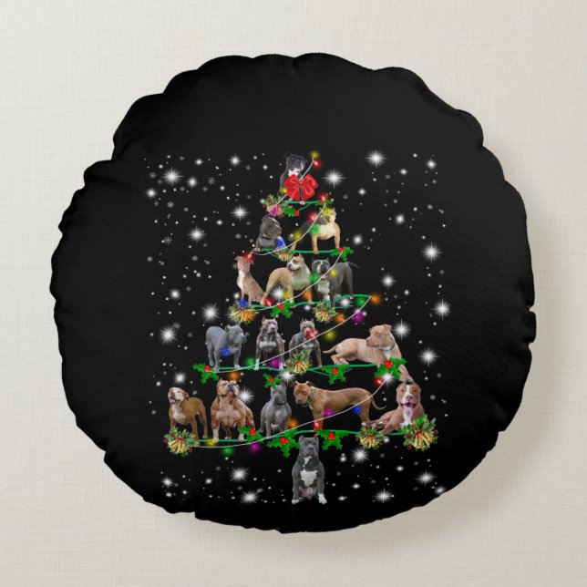 Pitbull Christmas Tree Covered By Flashlight Round Cushion (Front)