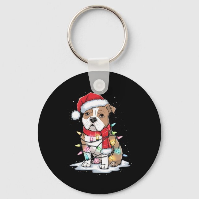 Pitbull Christmas Tree Cute Santa Hat Lights Xmas  Key Ring (Front)