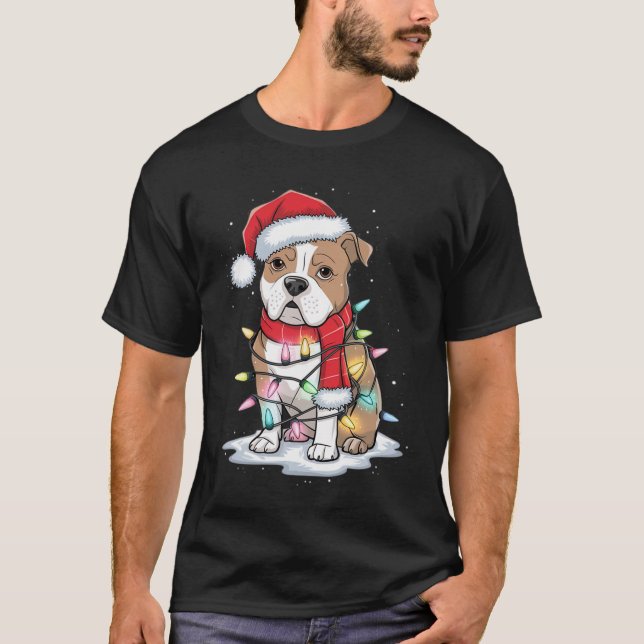 Pitbull Christmas Tree Cute Santa Hat Lights Xmas  T-Shirt (Front)