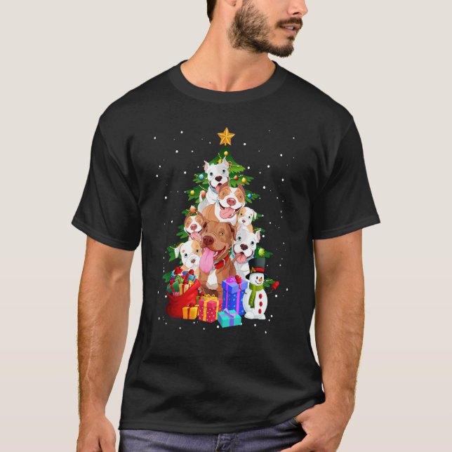 Pitbull Christmas Tree Lights  Dog T-Shirt (Front)