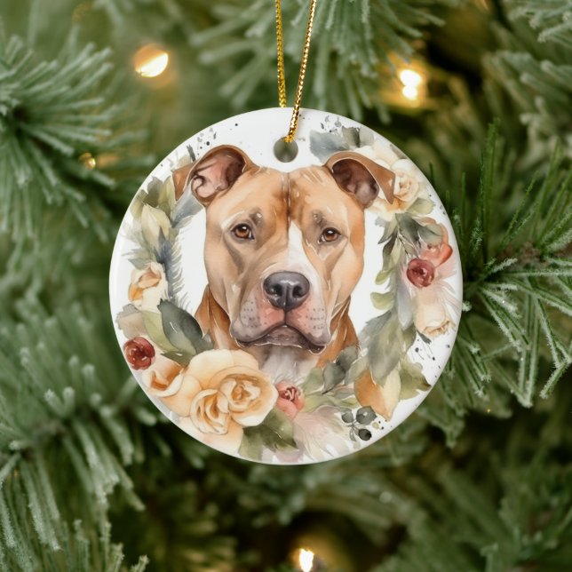 Pitbull Christmas Wreath Festive Pup Ceramic Tree Decoration (Tree)