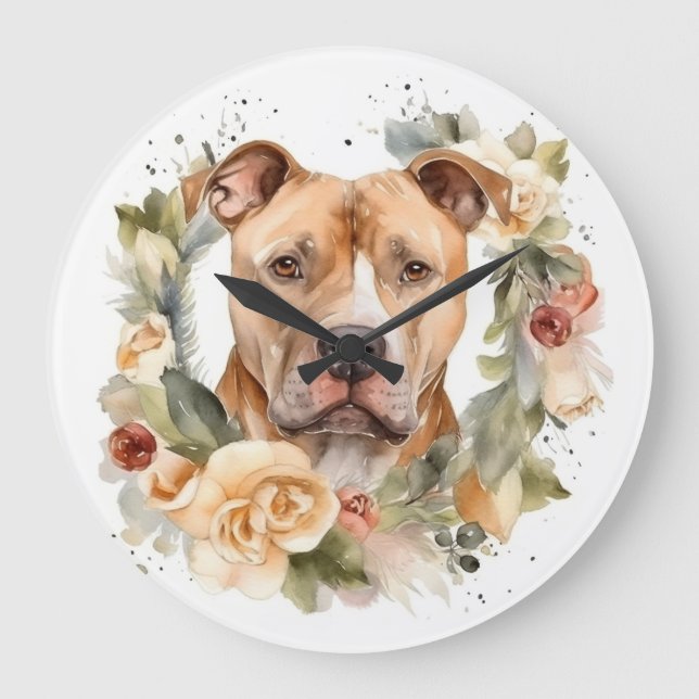 Pitbull Christmas Wreath Festive Pup Large Clock (Front)