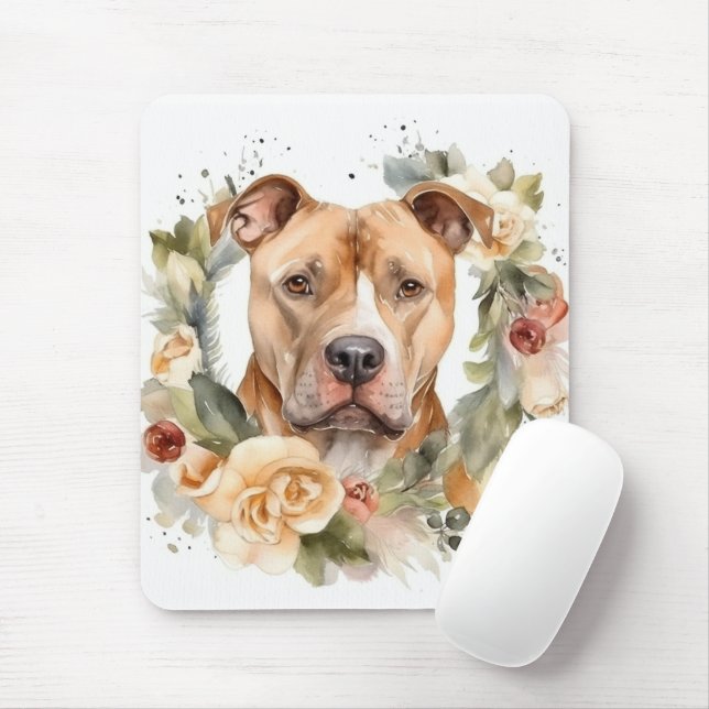 Pitbull Christmas Wreath Festive Pup Mouse Mat (With Mouse)